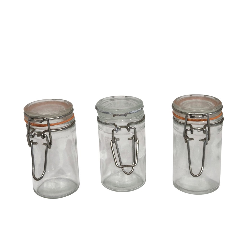 Set of 3 Mini Glass Spice Jars with Wire Bale Flip Top Lids Clear